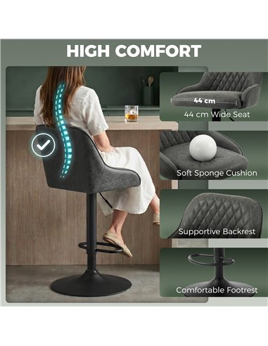 HOMCOM Bar Stools Adjustable Swivel Kitchen Chairs with Backrest Set of 2 for Kitchen Island Dark Grey