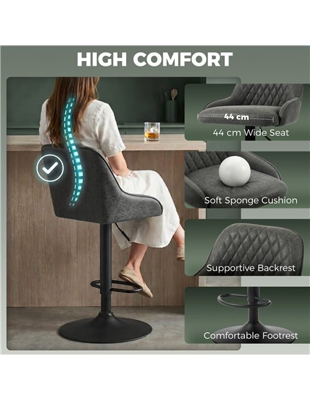 HOMCOM Bar Stools Adjustable Swivel Kitchen Chairs with Backrest Set of 2 for Kitchen Island Dark Grey - pic 184427 | FastDaddyshop