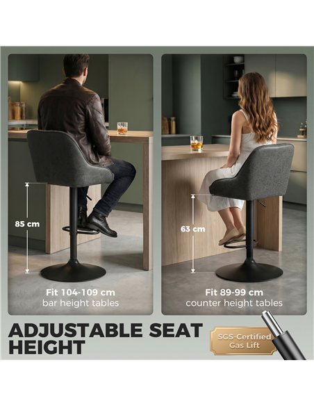 HOMCOM Bar Stools Adjustable Swivel Kitchen Chairs with Backrest Set of 2 for Kitchen Island Dark Grey - pic 184428 | FastDaddyshop