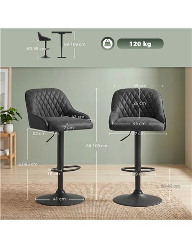 HOMCOM Bar Stools Adjustable Swivel Kitchen Chairs with Backrest Set of 2 for Kitchen Island Black