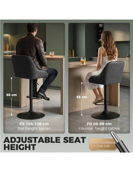 HOMCOM Bar Stools Adjustable Swivel Kitchen Chairs with Backrest Set of 2 for Kitchen Island Black - pic 184437 | FastDaddyshop