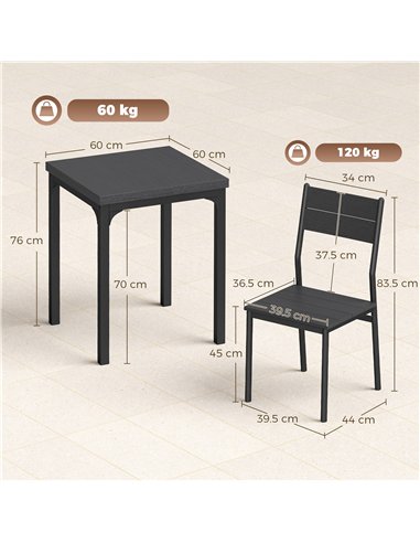 HOMCOM 3 Piece Space-Saving Kitchen Table and Chairs, Dining Table Set for 2 with Metal Legs, Black Wood Effect