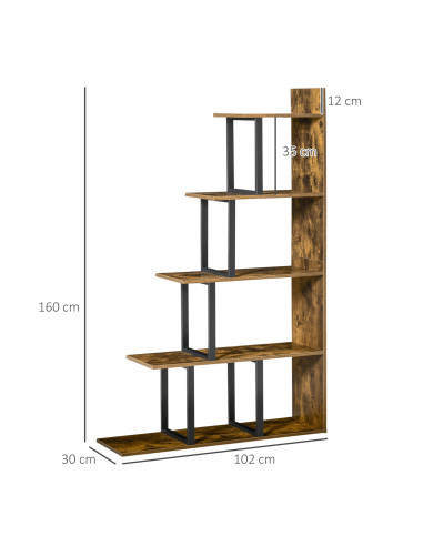 HOMCOM 5-Tier Bookcase, Wooden Ladder Bookshelf Display Stand, Rustic Brown