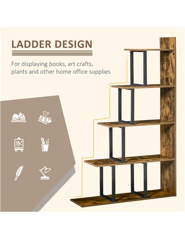 HOMCOM 5-Tier Bookcase, Wooden Ladder Bookshelf Display Stand, Rustic Brown