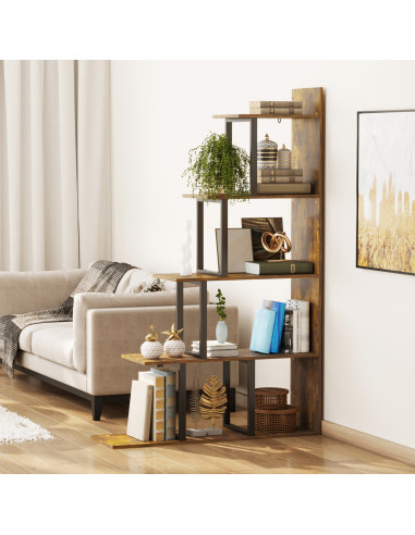 HOMCOM 5-Tier Bookcase, Wooden Ladder Bookshelf Display Stand, Rustic Brown