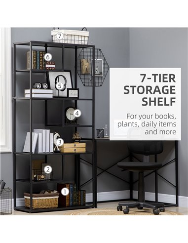 HOMCOM Industrial Accent Display Rack 7 Tier Bookcase, Display Rack for Living Room, Office, Bedroom, Black