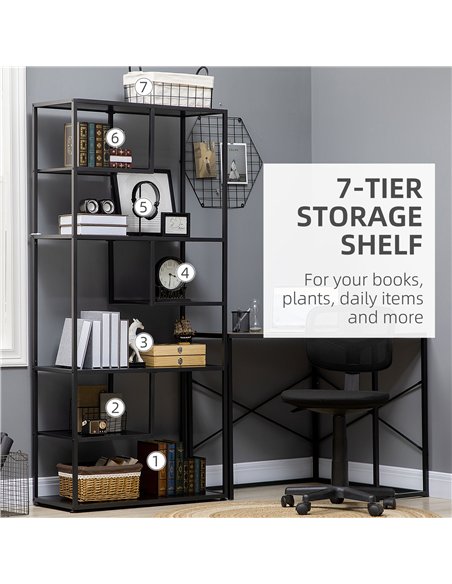 HOMCOM Industrial Accent Display Rack 7 Tier Bookcase, Display Rack for Living Room, Office, Bedroom, Black - pic 184554 | FastDaddyshop
