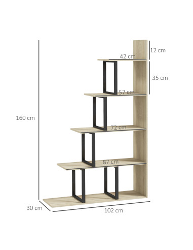 HOMCOM 5-Tier Bookcase, Wooden Ladder Bookshelf Display Stand, Oak