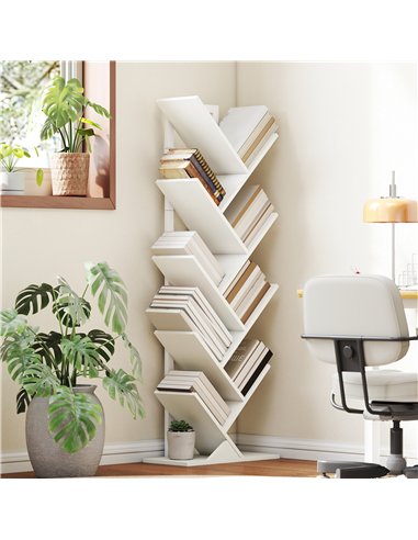 HOMCOM 9-Tier Tree Bookshelf, Industrial Free Standing Bookcase with Steel Frame, Display Storage White