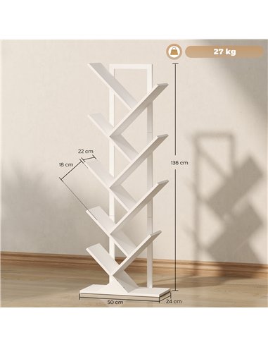 HOMCOM 9-Tier Tree Bookshelf, Industrial Free Standing Bookcase with Steel Frame, Display Storage White