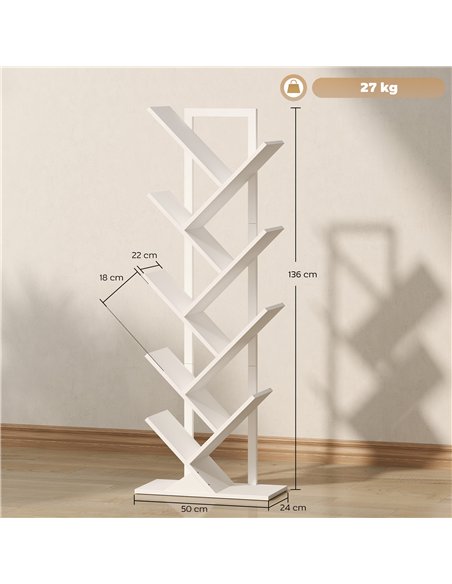 HOMCOM 9-Tier Tree Bookshelf, Industrial Free Standing Bookcase with Steel Frame, Display Storage White - pic 184579 | FastDaddyshop