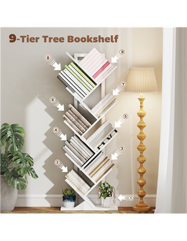 HOMCOM 9-Tier Tree Bookshelf, Industrial Free Standing Bookcase with Steel Frame, Display Storage White