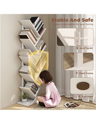 HOMCOM 9-Tier Tree Bookshelf, Industrial Free Standing Bookcase with Steel Frame, Display Storage White