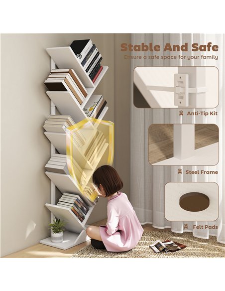 HOMCOM 9-Tier Tree Bookshelf, Industrial Free Standing Bookcase with Steel Frame, Display Storage White - pic 184581 | FastDaddyshop