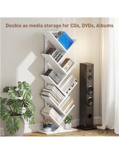 HOMCOM 9-Tier Tree Bookshelf, Industrial Free Standing Bookcase with Steel Frame, Display Storage White
