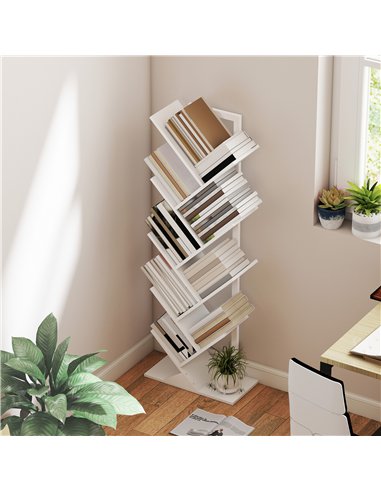 HOMCOM 9-Tier Tree Bookshelf, Industrial Free Standing Bookcase with Steel Frame, Display Storage White