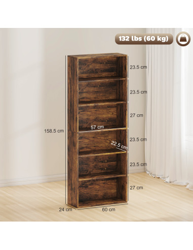 HOMCOM Six Shelf Bookcase - Rustic Brown