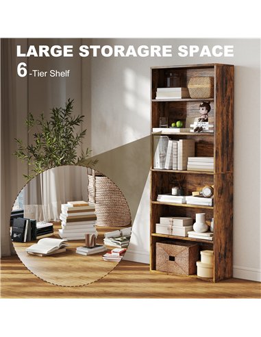 HOMCOM Six Shelf Bookcase - Rustic Brown
