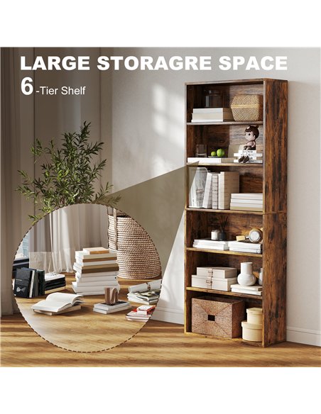 HOMCOM Six Shelf Bookcase - Rustic Brown - pic 184625 | FastDaddyshop
