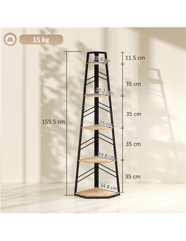 HOMCOM Corner Bookcase, 5-Tier Floor Standing Bookshelf, Shelving Unit for Living Room, Study, Bedroom, Natural Wood Finish