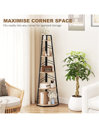 HOMCOM Corner Bookcase, 5-Tier Floor Standing Bookshelf, Shelving Unit for Living Room, Study, Bedroom, Natural Wood Finish