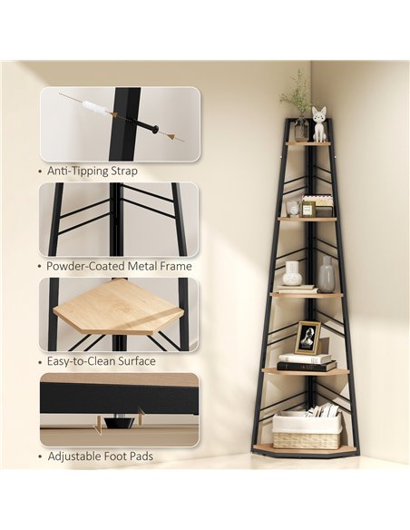 HOMCOM Corner Bookcase, 5-Tier Floor Standing Bookshelf, Shelving Unit for Living Room, Study, Bedroom, Natural Wood Finish - pic 184645 | FastDaddyshop