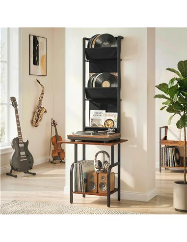 HOMCOM Vinyl Record Player Stand Record Storage with Player Stand Oxford Fabric Pockets Bottom Shelf Rustic Brown and Black