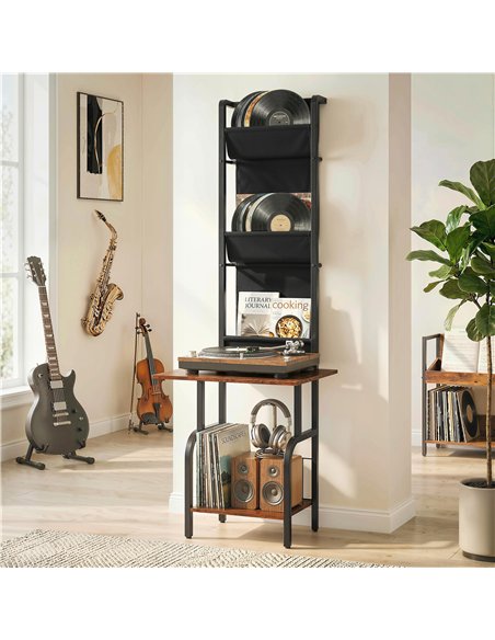 HOMCOM Vinyl Record Player Stand Record Storage with Player Stand Oxford Fabric Pockets Bottom Shelf Rustic Brown and Black - pic 184650 | FastDaddyshop