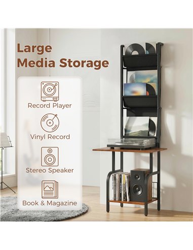HOMCOM Vinyl Record Player Stand Record Storage with Player Stand Oxford Fabric Pockets Bottom Shelf Rustic Brown and Black