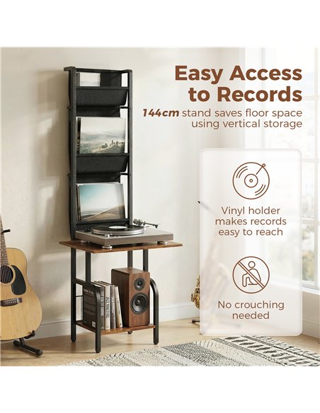 HOMCOM Vinyl Record Player Stand Record Storage with Player Stand Oxford Fabric Pockets Bottom Shelf Rustic Brown and Black - pic 184653 | FastDaddyshop