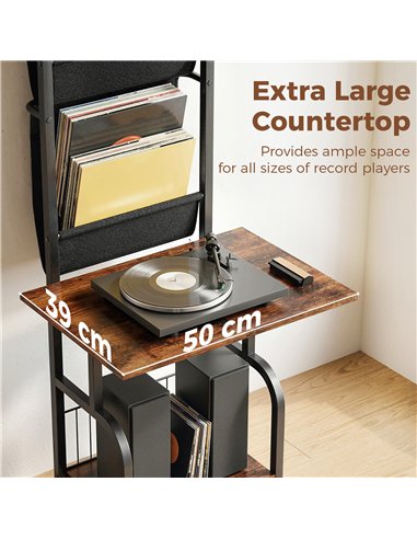 HOMCOM Vinyl Record Player Stand Record Storage with Player Stand Oxford Fabric Pockets Bottom Shelf Rustic Brown and Black
