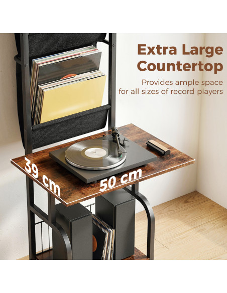 HOMCOM Vinyl Record Player Stand Record Storage with Player Stand Oxford Fabric Pockets Bottom Shelf Rustic Brown and Black - pic 184654 | FastDaddyshop