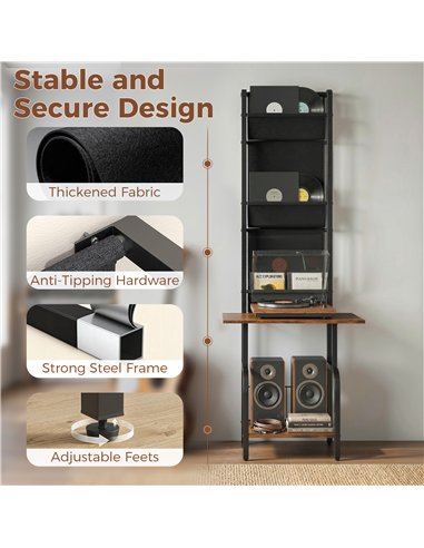HOMCOM Vinyl Record Player Stand Record Storage with Player Stand Oxford Fabric Pockets Bottom Shelf Rustic Brown and Black