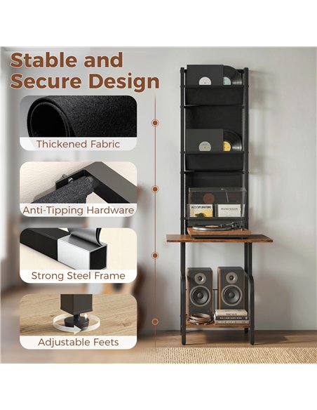 HOMCOM Vinyl Record Player Stand Record Storage with Player Stand Oxford Fabric Pockets Bottom Shelf Rustic Brown and Black - pic 184655 | FastDaddyshop