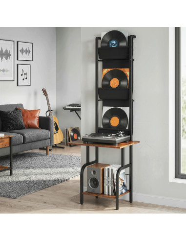 HOMCOM Vinyl Record Player Stand Record Storage with Player Stand Oxford Fabric Pockets Bottom Shelf Rustic Brown and Black