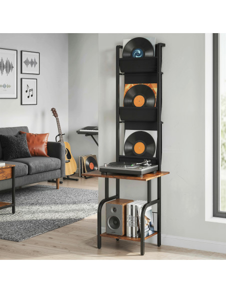 HOMCOM Vinyl Record Player Stand Record Storage with Player Stand Oxford Fabric Pockets Bottom Shelf Rustic Brown and Black - pic 184656 | FastDaddyshop