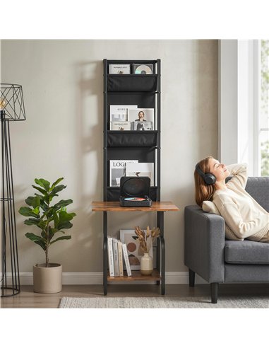 HOMCOM Vinyl Record Player Stand Record Storage with Player Stand Oxford Fabric Pockets Bottom Shelf Rustic Brown and Black