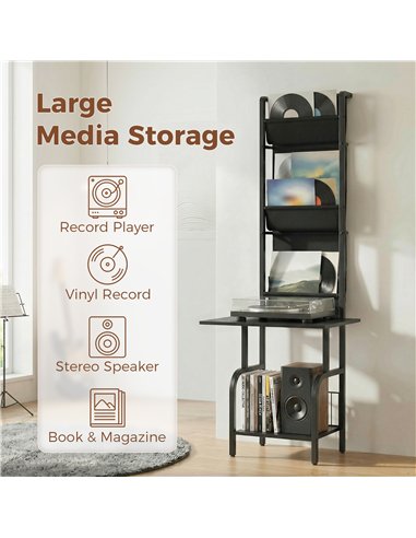 HOMCOM Vinyl Record Player Stand Record Storage with Player Stand Oxford Fabric Pockets Bottom Shelf, Black