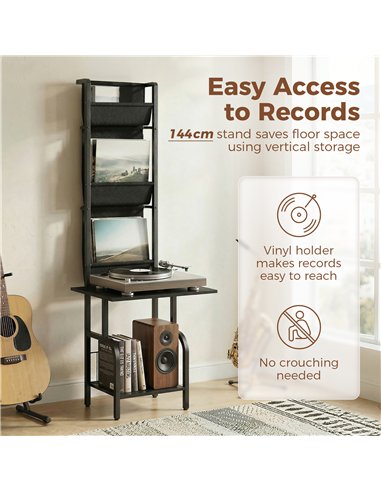 HOMCOM Vinyl Record Player Stand Record Storage with Player Stand Oxford Fabric Pockets Bottom Shelf, Black