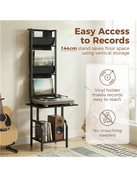 HOMCOM Vinyl Record Player Stand Record Storage with Player Stand Oxford Fabric Pockets Bottom Shelf, Black - pic 184662 | FastDaddyshop