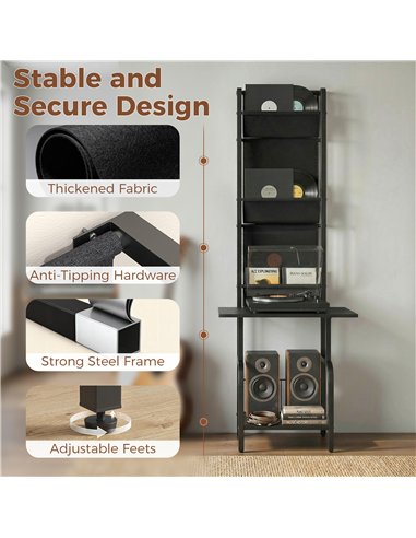 HOMCOM Vinyl Record Player Stand Record Storage with Player Stand Oxford Fabric Pockets Bottom Shelf, Black