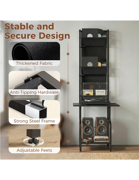 HOMCOM Vinyl Record Player Stand Record Storage with Player Stand Oxford Fabric Pockets Bottom Shelf, Black - pic 184664 | FastDaddyshop
