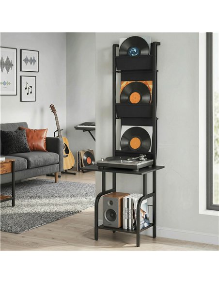 HOMCOM Vinyl Record Player Stand Record Storage with Player Stand Oxford Fabric Pockets Bottom Shelf, Black - pic 184665 | FastDaddyshop
