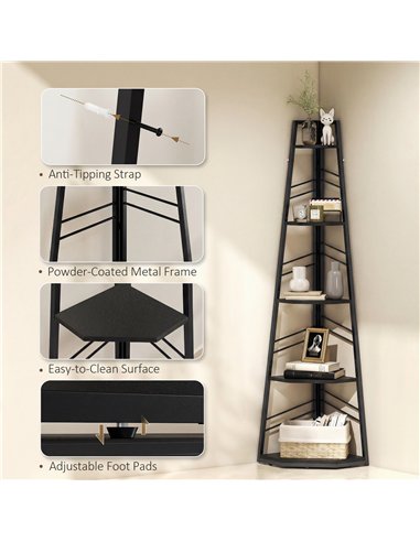 HOMCOM Corner Bookcase, 5-Tier Floor Standing Bookshelf, Shelving Unit for Living Room, Study, Bedroom, Black