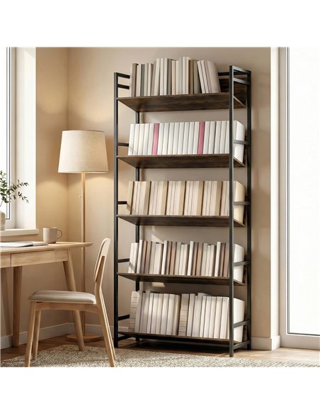 HOMCOM Bookshelf 5-Tier Metal Frame Room Divider Bookcase Storage Shelves for Living Room Rustic Brown - pic 184677 | FastDaddyshop