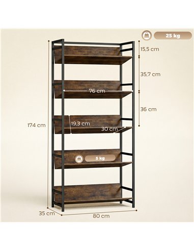 HOMCOM Bookshelf 5-Tier Metal Frame Room Divider Bookcase Storage Shelves for Living Room Rustic Brown