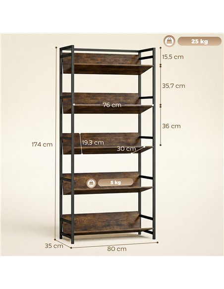 HOMCOM Bookshelf 5-Tier Metal Frame Room Divider Bookcase Storage Shelves for Living Room Rustic Brown - pic 184678 | FastDaddyshop