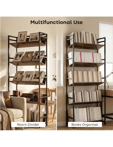 HOMCOM Bookshelf 5-Tier Metal Frame Room Divider Bookcase Storage Shelves for Living Room Rustic Brown