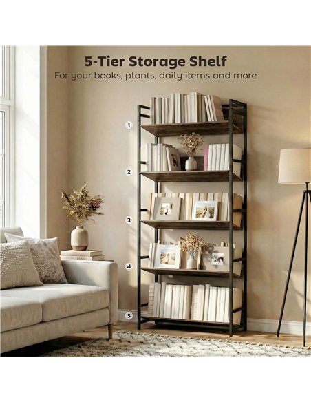 HOMCOM Bookshelf 5-Tier Metal Frame Room Divider Bookcase Storage Shelves for Living Room Rustic Brown - pic 184680 | FastDaddyshop