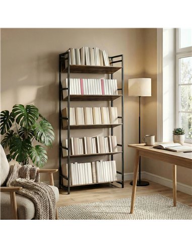 HOMCOM Bookshelf 5-Tier Metal Frame Room Divider Bookcase Storage Shelves for Living Room Rustic Brown